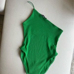 Green ribbed one shoulder bodysuit